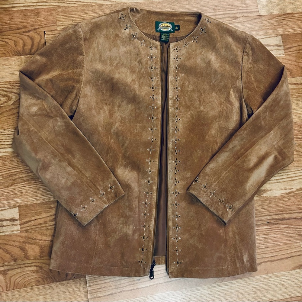 NWOT Cabelas Tan Lined Leather Zip Up Jacket With Cut Outs Size Medium